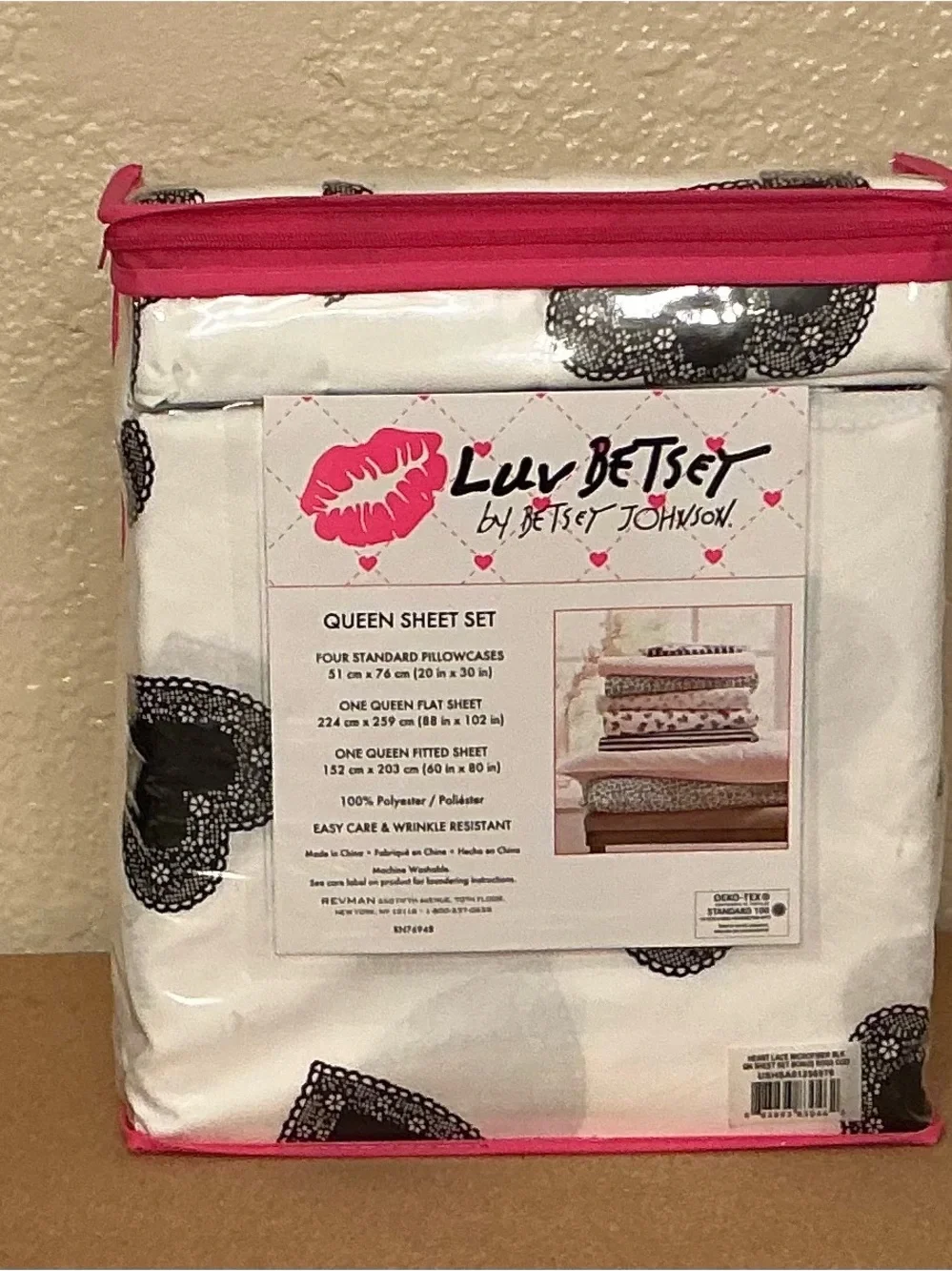 Betsey Johnson White Queen Sheet Set with Black Lace Heart Print